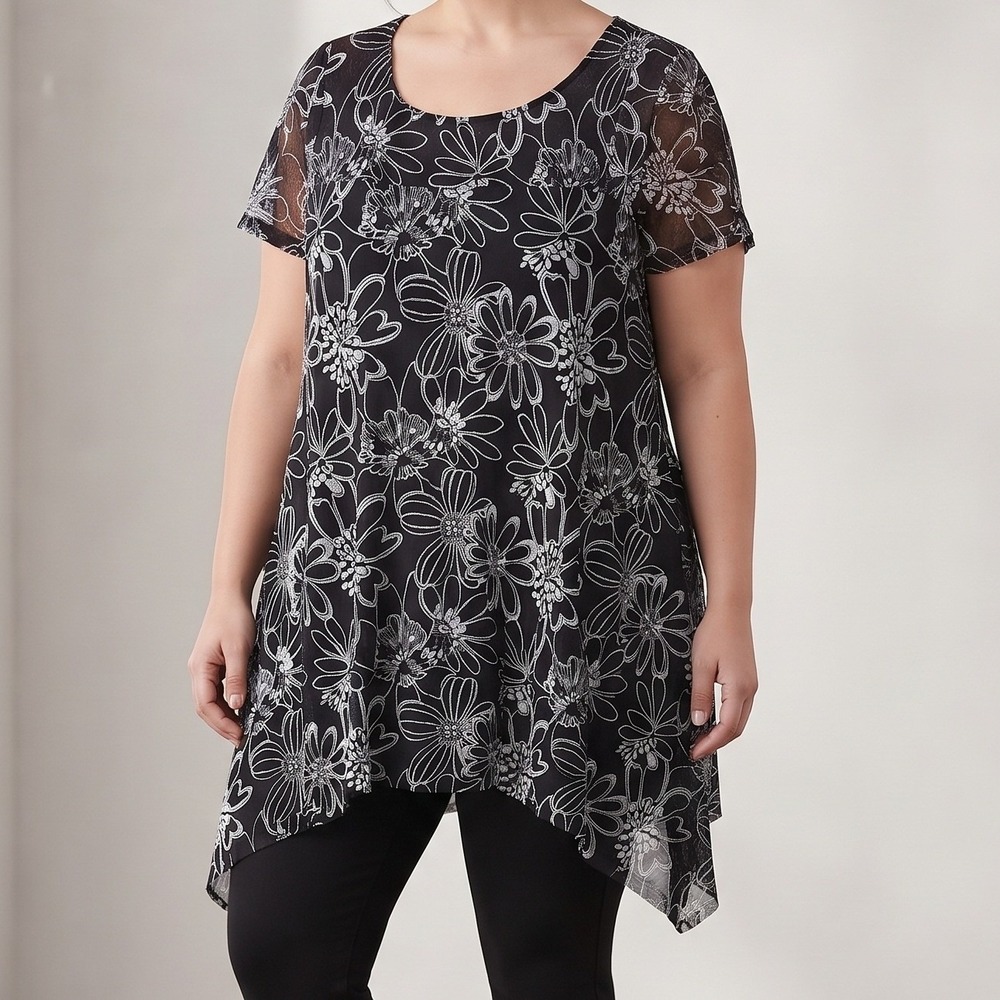 Roz & Ali Tunic Women XL Black Excellent Floral Burnout Sharkbite Hem Keyhole